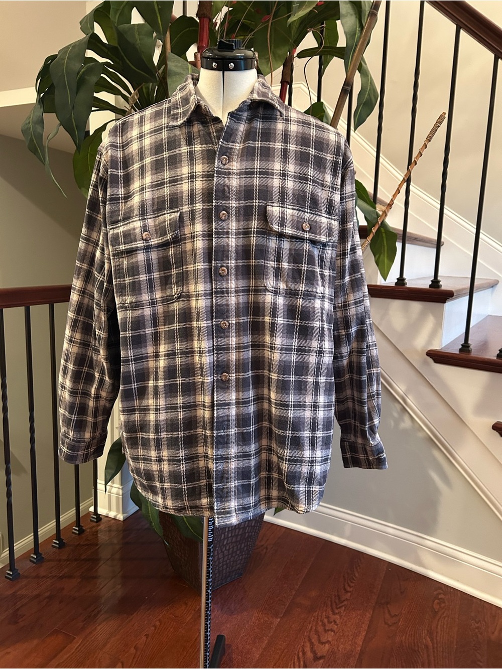 Field & Stream Navy and Cream Plaid Flannel Shirt
